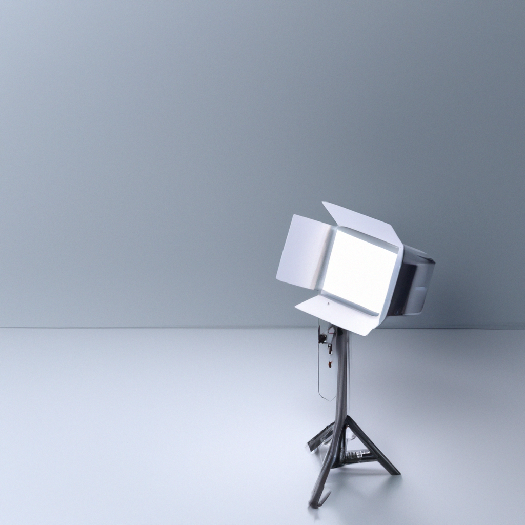 Estudio fotográfico minimalista en Santiago con softbox y acentos neón, iluminación profesional, fondo limpio.